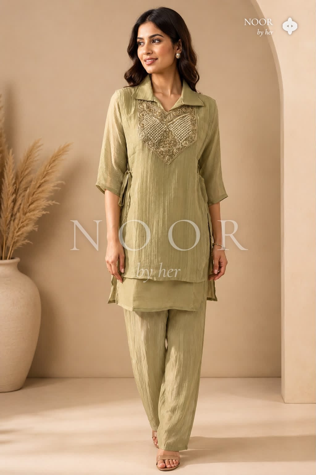 Sage Embellished Yoke Co-ord Set