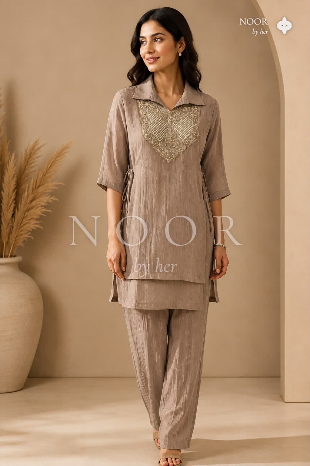 Taupe Heritage Embroidered Co-ord Set