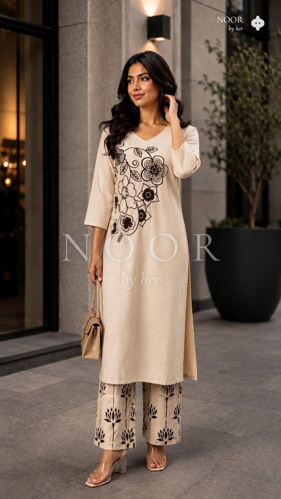Ivory Lotus Bloom Kurta Palazzo Set