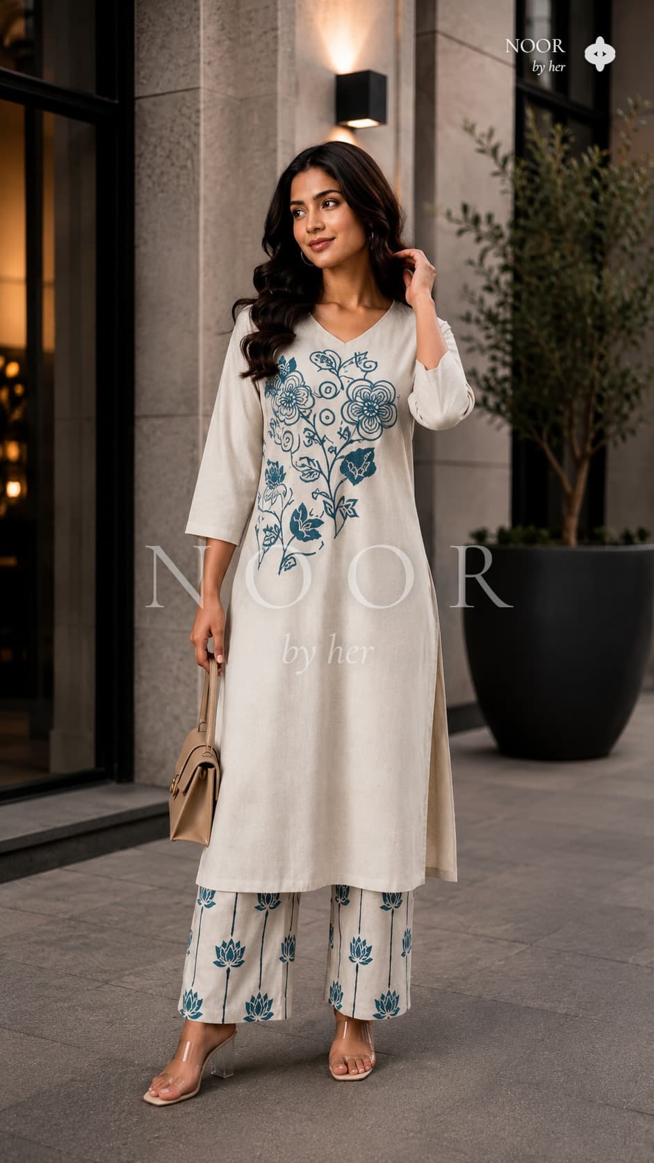 Ivory Teal Bloom Kurta Palazzo Set
